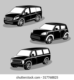 Vector black and white cars image design set for illustration, postcards, labels, stickers and other design needs. 