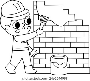 Constructor de dibujos animados blanco y negro de Vector pintando pared de ladrillo con pintura verde. Ilustración o página para colorear para niños. Trabajador gracioso en casco. Icono de línea de profesión para niños
