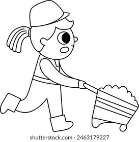 Vector black and white cartoon builder girl running with loaded wheelbarrow. Line repairmen illustration or coloring page for kids. Funny female worker in helmet. Profession icon for children
