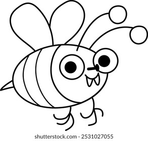 Vector blanco y negro de dibujos animados abejorro. Divertido insecto prehistórico. Dibujo para colorear de escarabajo del bosque. Linda abeja del bosque o avispa ilustración para niños. Icono de línea de bug de bosque tropical o lluvioso
