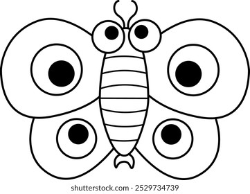 Vector blanco y negro mariposa de dibujos animados. Divertido insecto prehistórico. Dibujo para colorear de escarabajo o insecto del bosque. Ilustración linda del bosque para los niños. Icono de línea de polilla tropical o de selva tropical
