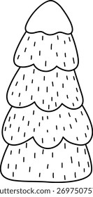 Vector black and white cartoon Christmas tree clipart covered with snow. Cute new year symbol illustration for kids. Winter holiday fir or spruce plant line icon, coloring page
