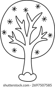 Vector black and white cartoon Christmas tree clipart covered with snow and snowflakes. Cute new year symbol illustration for kids. Winter holiday plant line icon, coloring page
