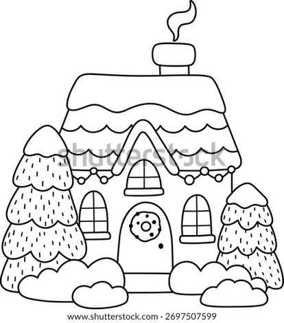 Vector black and white cartoon decorated house with snow, garlands, snowflakes. Cute Christmas home illustration. New Year or winter holiday cottage line icon, coloring page
