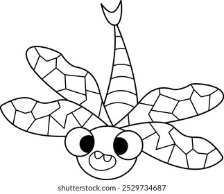 Vector black and white cartoon dragonfly. Funny prehistoric insect coloring page. Woodland beetle. Cute forest fly illustration for kids isolated on white. Tropical or rainforest bug line icon
