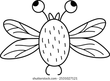 Vector black and white cartoon fly. Funny prehistoric insect. Woodland beetle coloring page. Cute forest or garden illustration for kids isolated on white. Tropical or rainforest bug line icon
