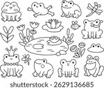 Vector black and white cartoon frog clipart set. Cute swamp animal line icons. Woodland water character collection. Forest toad illustrations. Funny marsh coloring page with reeds, lily, pond

