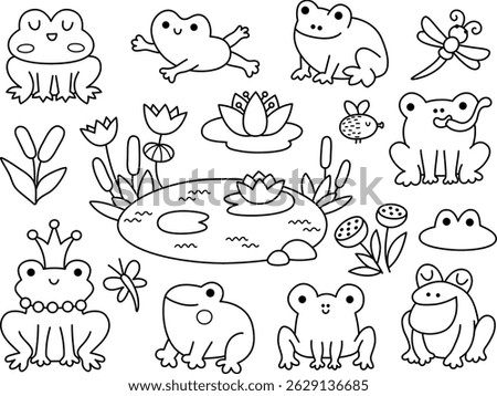 Vector black and white cartoon frog clipart set. Cute swamp animal line icons. Woodland water character collection. Forest toad illustrations. Funny marsh coloring page with reeds, lily, pond
