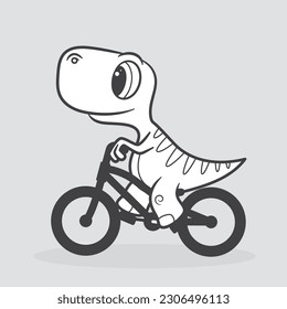 Vector black and white cartoon funny image of a dinosaur on a bike. Isolated on white background