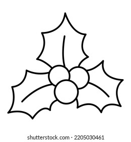 Vector black and white cartoon holly leaves and berries. Cute Christmas plant illustration isolated on white background. New Year or winter symbol. Funny line icon, coloring page

