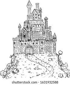 Vector black and white cartoon illustration or drawing of medieval or fantasy castle on hill.