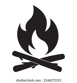 Vector black and white cartoon illustration of burning fire with wood. Fire wood and bonfire icon isolated on white background for web, print, decoration, burning flame.