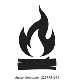 Vector black and white cartoon illustration of burning fire with wood. Fire wood and bonfire icon isolated on white background.