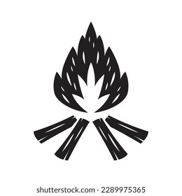 Vector black and white cartoon illustration of burning fire with wood. Fire wood and bonfire icon isolated on white background.