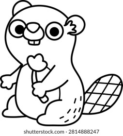 Vector black and white cartoon little beaver nibbling wood log. Line clipart. Cute forest animal child icon for kids. Woodland element, coloring page. Woods wildlife illustration
