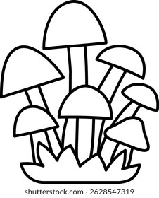 Vector black and white cartoon mushroom bunch clipart. Woodland decorative plant line icon isolated on white background. Forest nature illustration, coloring page. Simple abstract picture
