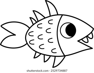 Vector de dibujos animados en blanco y negro prehistórico icono de pescado con dientes. Linda ilustración de línea de dinosaurio para niños. Divertido Clipart de animales marinos antiguos o página para colorear para niños aislados en blanco