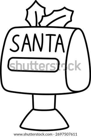 Vector black and white cartoon Santa Claus post box. Christmas mail letterbox. Cute winter postal mailbox illustration isolated on white background. New Year holiday line icon, coloring page
