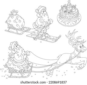 Vector black and white cartoon set with a fancy sweet Christmas cake, Santa Claus skiing with his bag of holiday gifts, sleighing with a magic flying reindeer