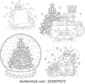 Vector black and white cartoon set of a decorated toy Christmas tree and Santa Claus with his bag of gifts, watching TV, holding paper for a holiday announcement