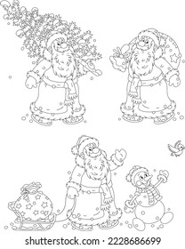 Vector black and white cartoon set with Santa Claus, a funny toy snowman, a magical bag of holiday gifts for little kids and a small Christmas tree from a snowy winter forest