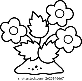 Vetor preto e branco desenhos animados flores de morango clipart. Ícone da linha da planta da floresta ou do jardim isolado no fundo branco. Ilustração da flor da natureza da floresta, página de coloração
