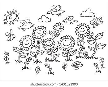 Vector black and white cartoon sunflowers, birds and bees illustration. Suitable for greeting cards or colouring activity sheet.