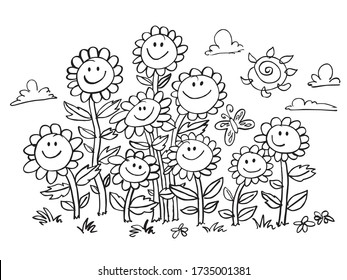 Vector black and white cartoon sunflowers illustration. Suitable for greeting cards, colouring activity and wall murals.