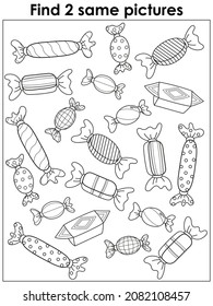 Vector black and white cartoony illustration of finding two same pictures educational game for children with funny candy, coloring book page.