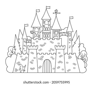 Vector black and white castle icon isolated on white background. Magic kingdom line picture. Medieval stone palace with towers, flags, gates. Fairy tale king house illustration or coloring page

