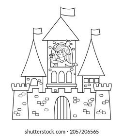 Vector Black And White Castle With Princess Icon Isolated On White Background. Medieval Line Stone Palace With Towers, Flags, Gates. Fairy Tale King House Illustration Or Coloring Page
