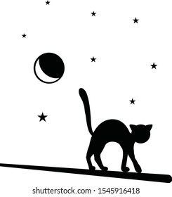 Vector black and white cat silhouette night sky stars and moon