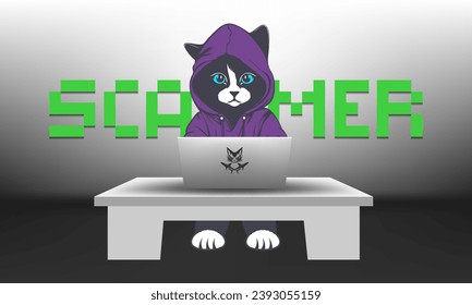 Vektorschwarz-weiße Katze mit violettem Kapuzenpullover. 3D-Tisch und mobiler Computer. Schammer und Bandit.