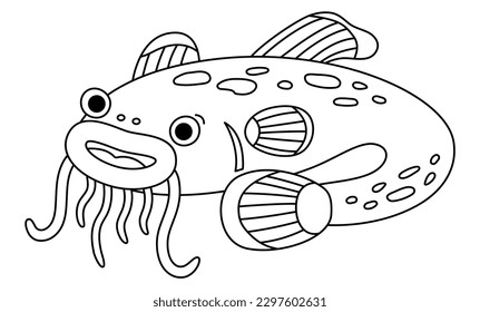 Vector black and white catfish icon. Under the sea line illustration with cute funny fish. Ocean animal clipart. Cartoon underwater or marine clip art or coloring page for children. Sheatfish picture
