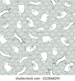 Vector Black and White Cats on Gray Background Seamless Repeat Pattern