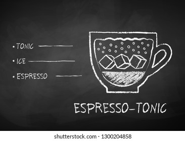 Vektor schwarz-weiße Kreide gezeichnet Skizze von Espresso-Tonic Kaffee Rezept auf Kreidetafel Hintergrund.