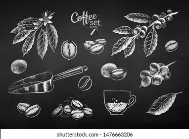 Vector black and white chalk drawn illustration set of coffee items on chalkboard background.