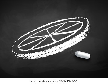 Vector black and white chalk drawn sketch of lemon slice on chalkboard background.