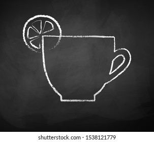 Vector black and white chalk drawn sketch of cup with lemon on chalkboard background.