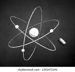 Vector black and white chalk drawn illustration of atom with piece of chalk on black chalkboard background.