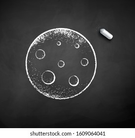 Vector black and white chalk drawn illustration of full Moon with piece of chalk on black chalkboard background.