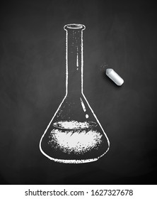 Vector black and white chalk drawn illustration of chemical flask with piece of chalk on black chalkboard background.