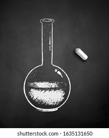 Vector black and white chalk drawn illustration of chemical flask with piece of chalk on black chalkboard background.