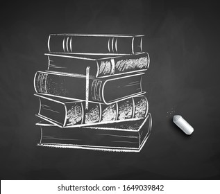 Vector black and white chalk drawn illustration of pile of books on black chalkboard background with piece of chalk.