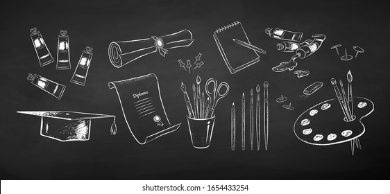 Vector black and white chalk drawn illustration set of art students supplies isolated on chalkboard background.