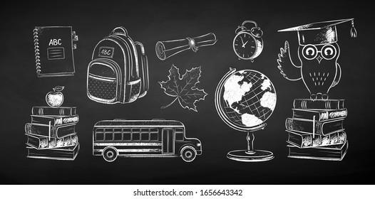 Vector black and white chalk drawn illustration set of education items on chalkboard background.