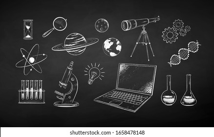 Vector black and white chalk drawn illustration set of science symbol objects on chalkboard background.