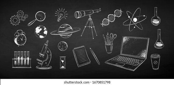 Vector black and white  chalk drawn illustration collection of science objects on chalkboard background.
