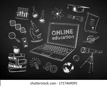 Vector black and white chalk drawn illustration set of online education items on chalkboard background.