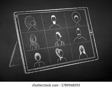 Vector black and white chalk drawn illustration of digital tablet with live conference on black chalkboard background.